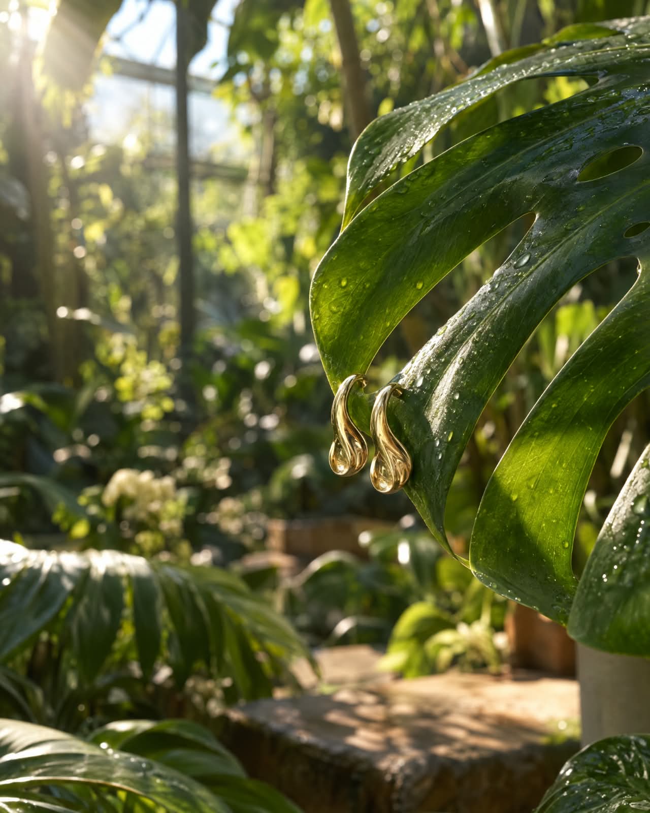 Sculptural gold earrings on a dew-covered green leaf in a sunlit tropical garden