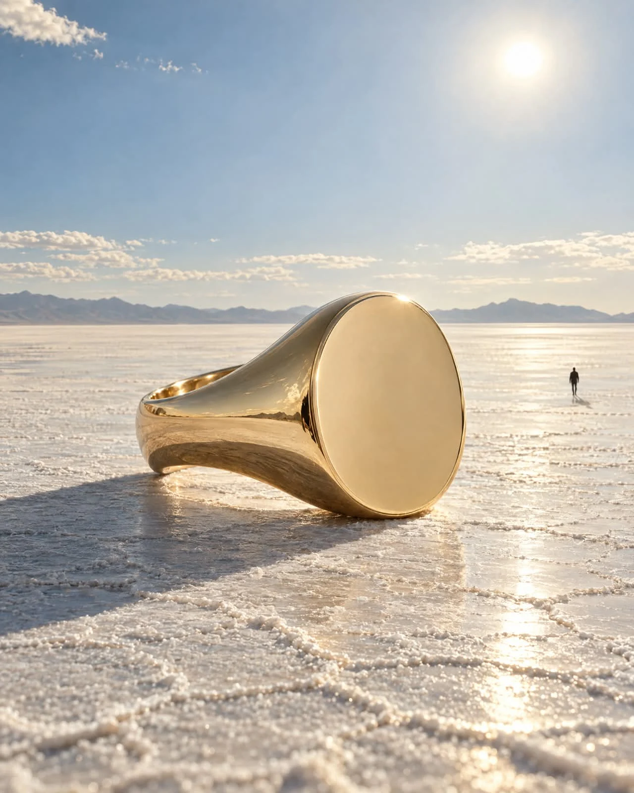 Oversized gold signet ring in a bright, expansive landscape