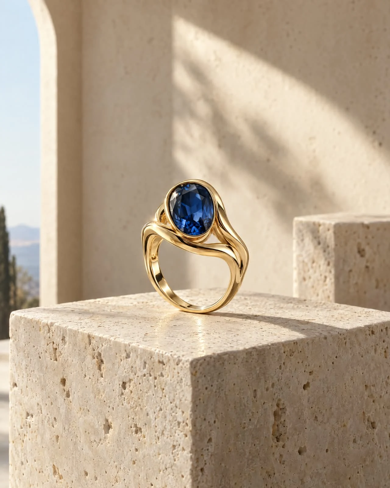 Gold ring with a blue gemstone on warm stone in natural light