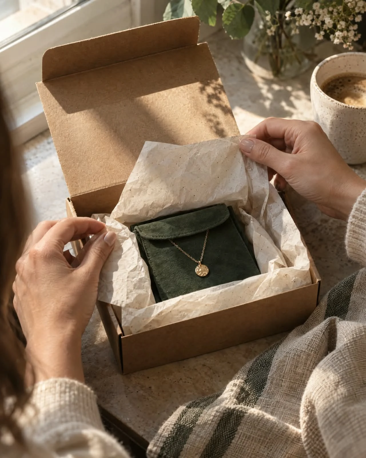 Hands opening a jewelry gift box with a gold necklace beside a cup of coffee